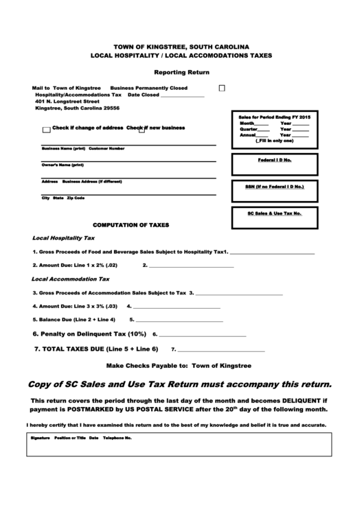 Hospitality Tax Form Kingstree Sc Printable pdf