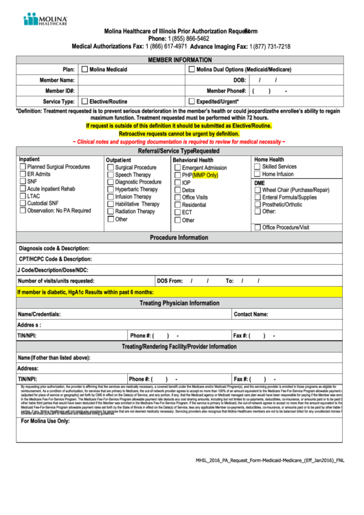 Molina Healthcare Of Illinois Prior Authorization Request printable pdf