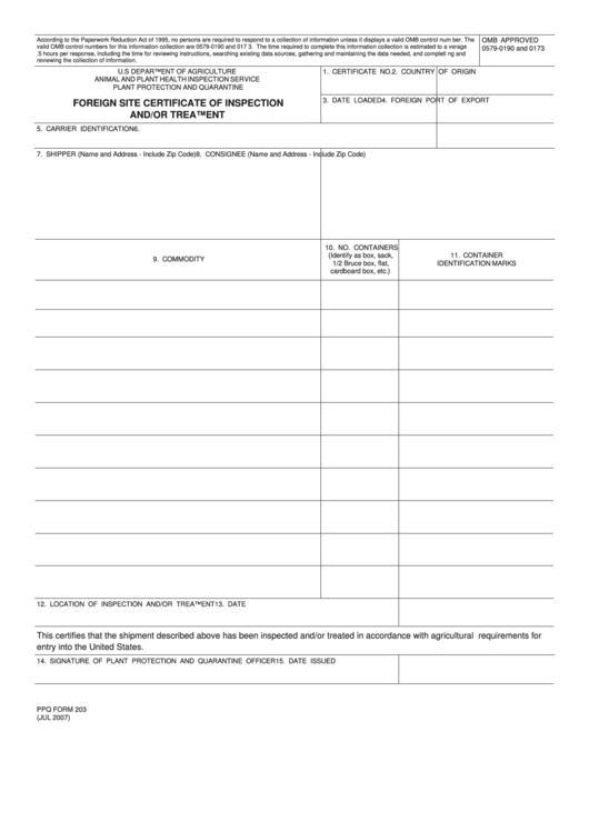Fillable Ppq-203 - Aphis - Foreign Site Certificate Of Inspection And/or Treatment Printable pdf