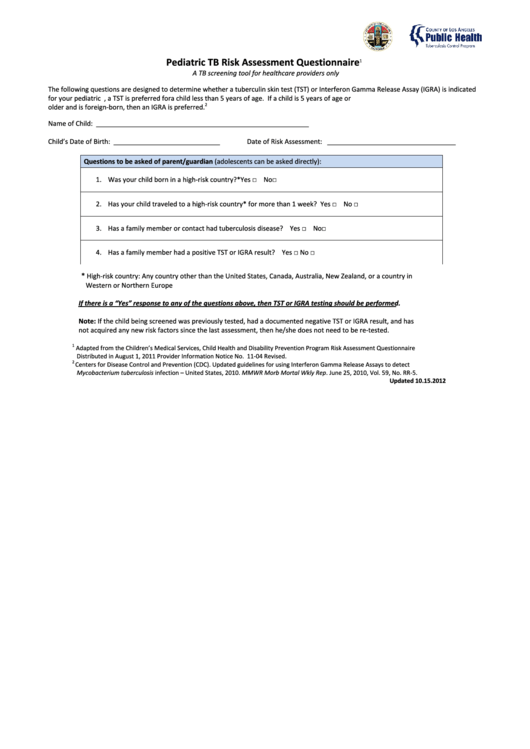 Risk Assessment Questionnaire - Department Of Public Health Printable pdf