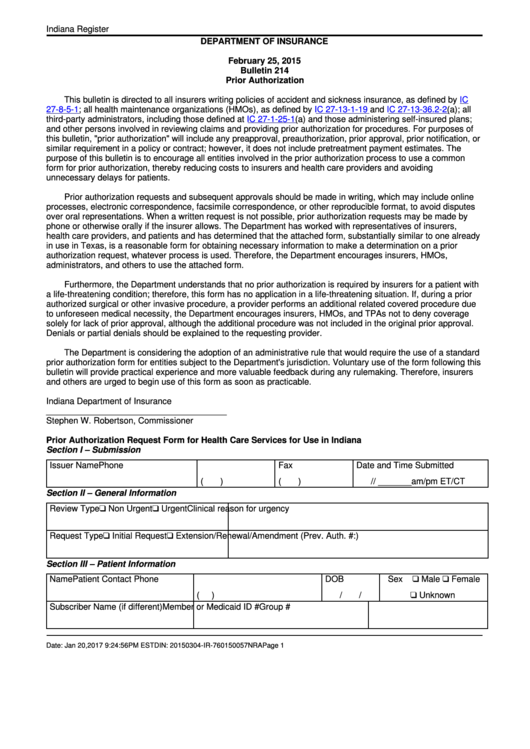 Department Of Insurance Prior Authorization Form In Printable pdf