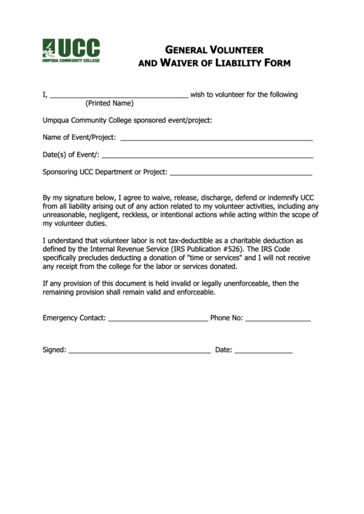 Fillable General Liability Waiver Form - Umpqua Community College Printable pdf