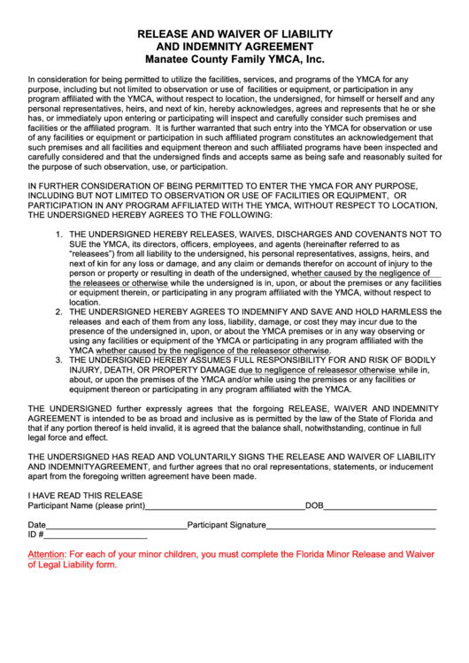 Adult General Liability Waiver Form - Manatee Ymca Printable pdf