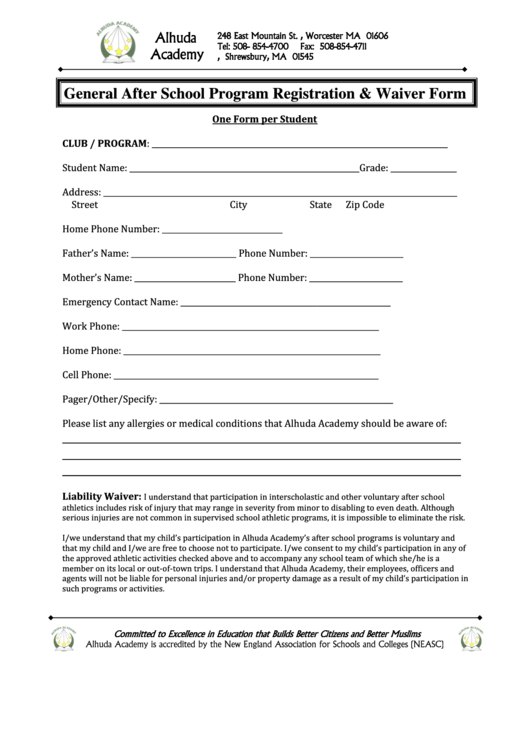 General After School Program Registration - Waiver Form Printable pdf