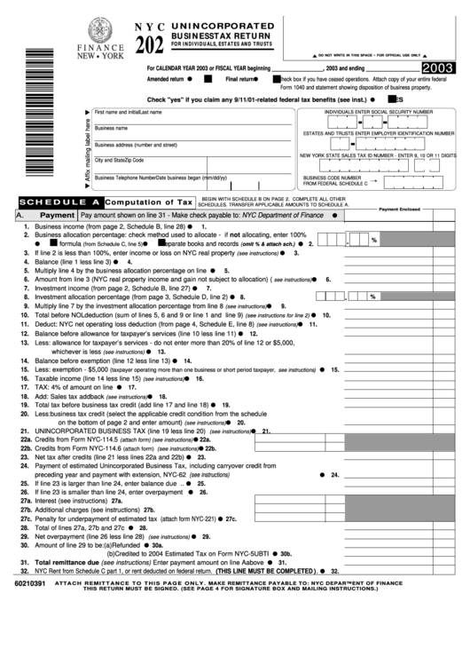 Form Nyc-202 - Unincorporated Business Tax Return For Individuals, Estates And Trusts - 2003 Printable pdf