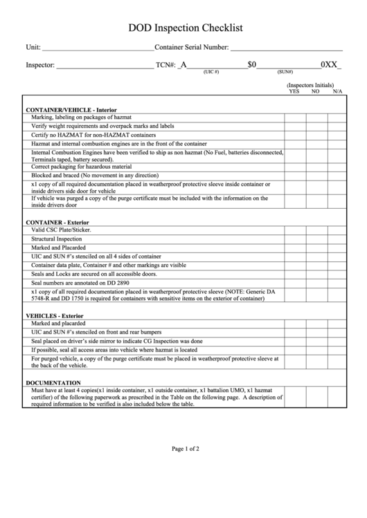 Fillable Dod Inspection Checklist Printable pdf