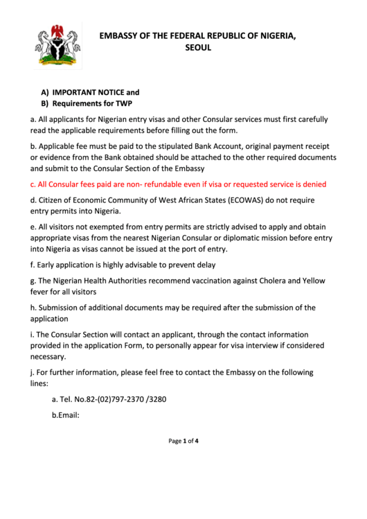 Embassy Of Nigeria Twp Visa Application Form Printable Pdf Download