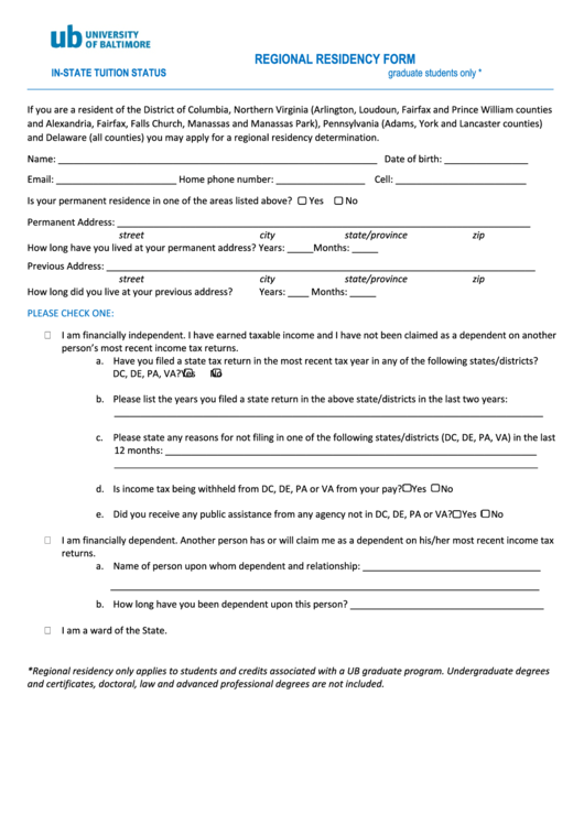 Regional Residency Form - University Of Baltimore Printable pdf
