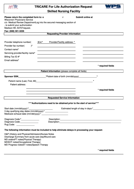 Fillable Tricare For Life Authorization Request Form Skilled Nursing Facility Printable pdf