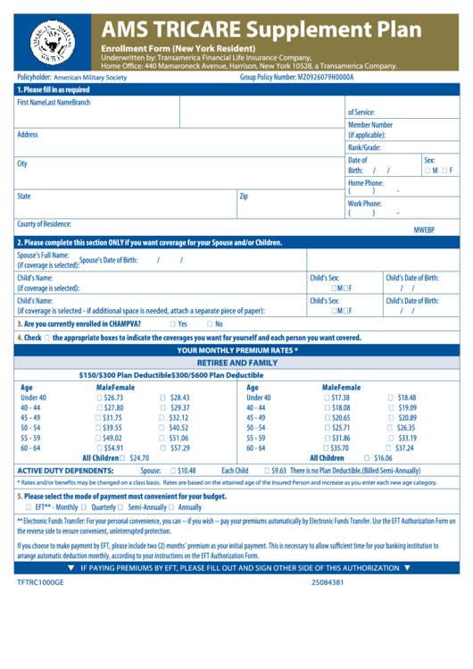 Form Tftrc1000ge - Enrollment Form (Ny Residents) - Ams Insurance Program Printable pdf