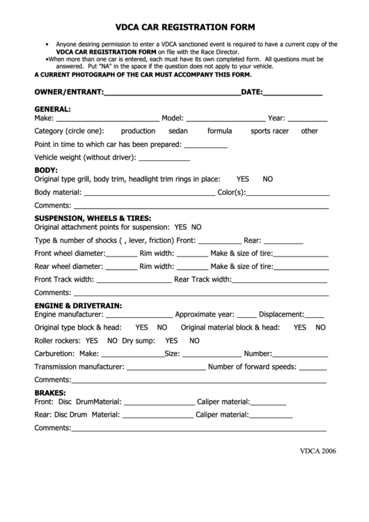 Vdca Car Registration Form Printable pdf