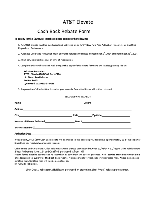 At&t Elevate Cash Back Rebate Form Printable pdf