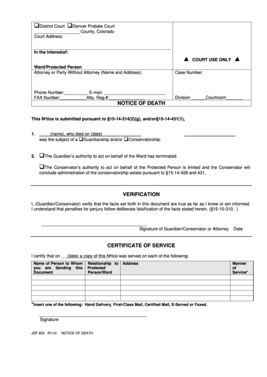 Colorado District Court - Notice Of Death Form Printable pdf