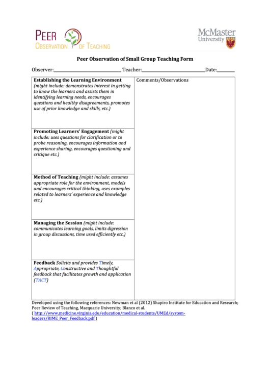 Peer Observation Of Small Group Teaching Form Printable pdf