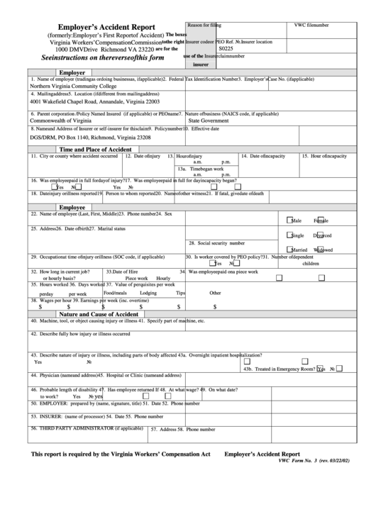 Fillable Vwc Form 3 - Employers Accident Report - 2002 Printable pdf