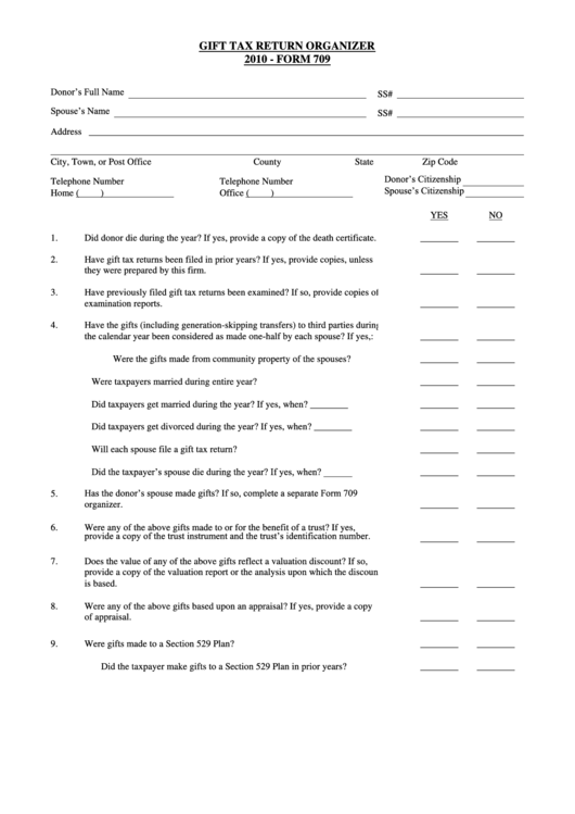 Form 709 - Gift Tax Return Organizer Printable pdf