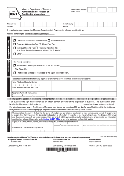 Fillable Form 8821 - Authorization For Release Of Confidential Information - Missouri Department Of Revenue Printable pdf