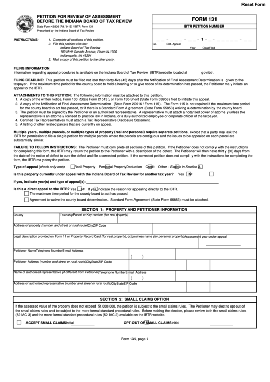 Petition For Review Of Assessment Before The Indiana Board Of Tax Review Printable pdf