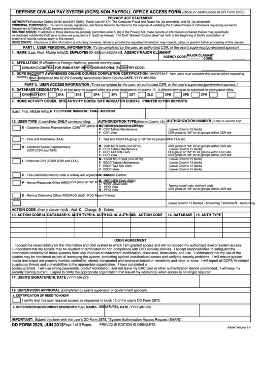 Fillable Dd Form 2929 - Defense Civilian Pay System (Dcps) Non-Payroll Office Access Form Printable pdf