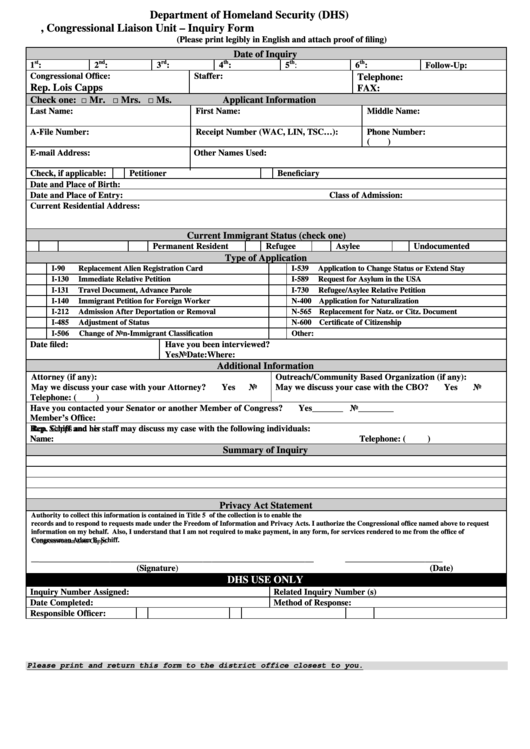 Fillable Immigration Inquiry Form Printable pdf