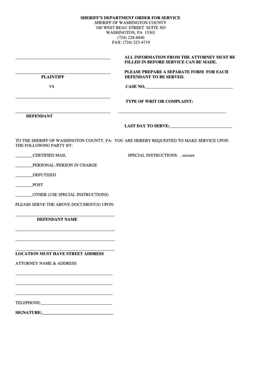 Sheriff Of Washington County - Order For Service Form Printable pdf