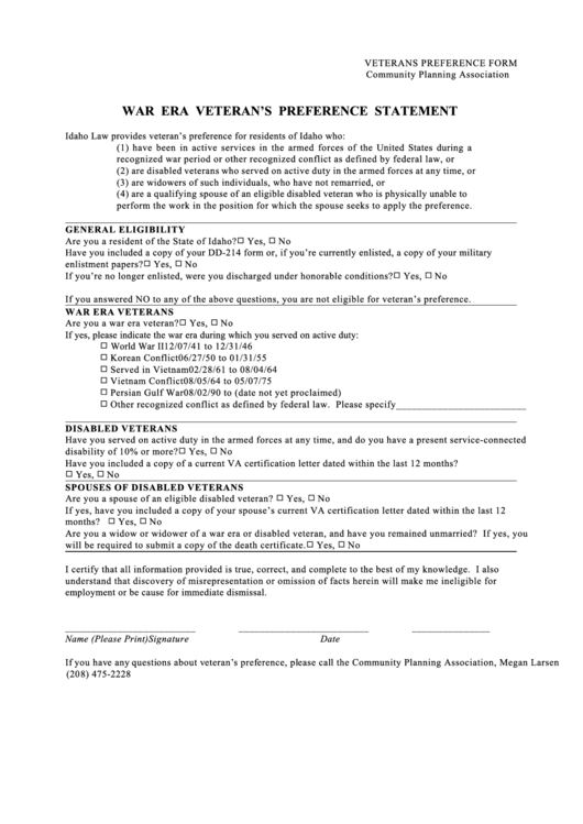 City Of Boise Veterans Preference Form Printable pdf