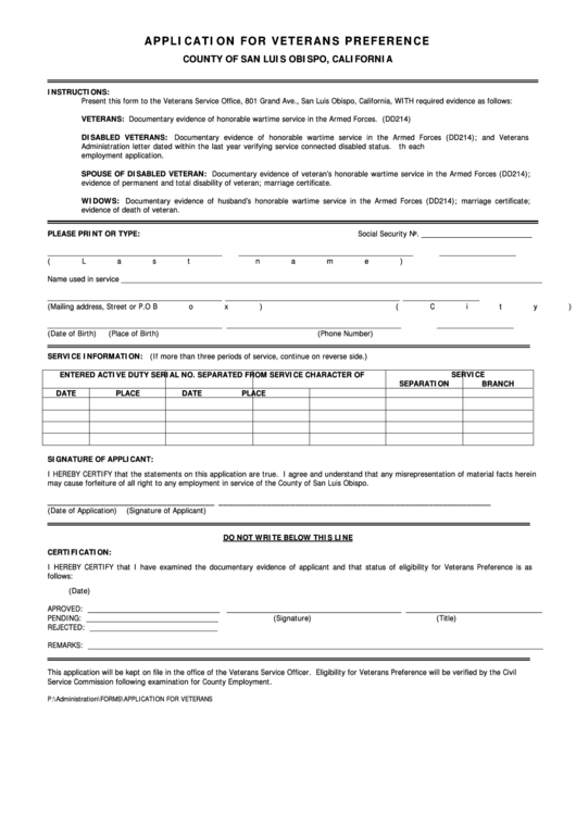 County Of San Luis Obispo Veterans Preference Form Printable pdf