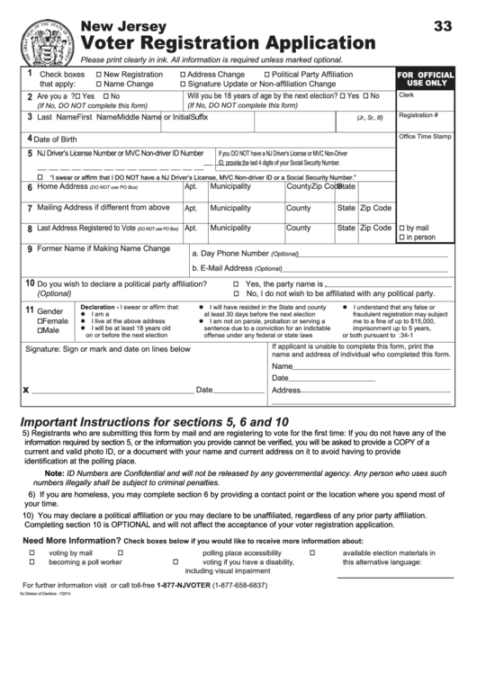 Fillable Voter Registration Application Form - New Jersey Printable pdf