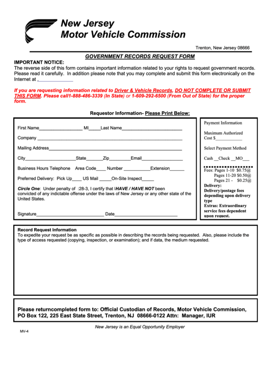 Fillable Form Mv-4 - Government Records Request Form Printable pdf