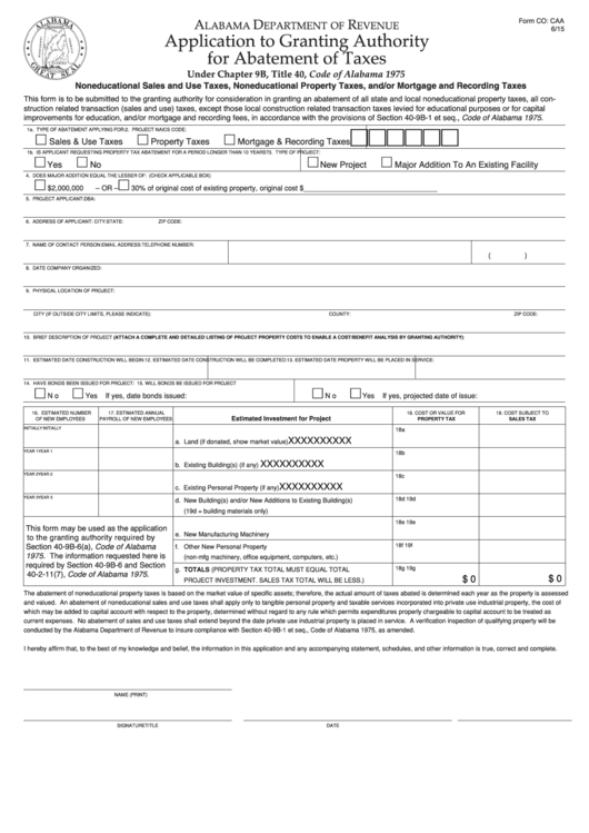 Fillable Application To Granting Authority For Abatement Of Taxes Printable pdf