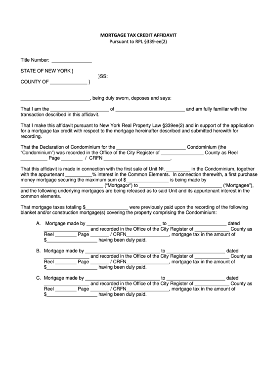 Fillable Mortgage Tax Credit Affidavit Printable pdf