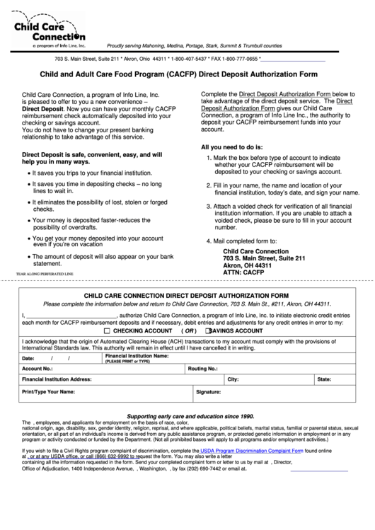 (Cacfp) Direct Deposit Authorization Form Printable pdf