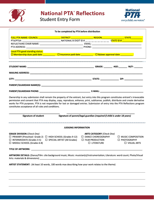 Reflections Student Entry Form Printable pdf
