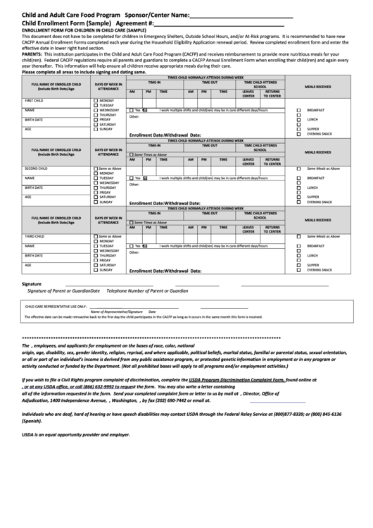 Child And Adult Care Food Program Child Enrollment Form (Sample) Printable pdf