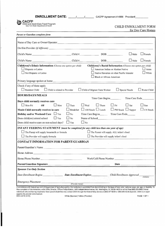 New York State Department Of Health Cacfp Enrollment Form Printable pdf
