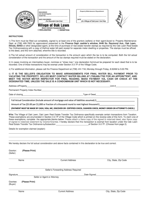 Oak Lawn Real Estate Transfer Tax Form Printable pdf