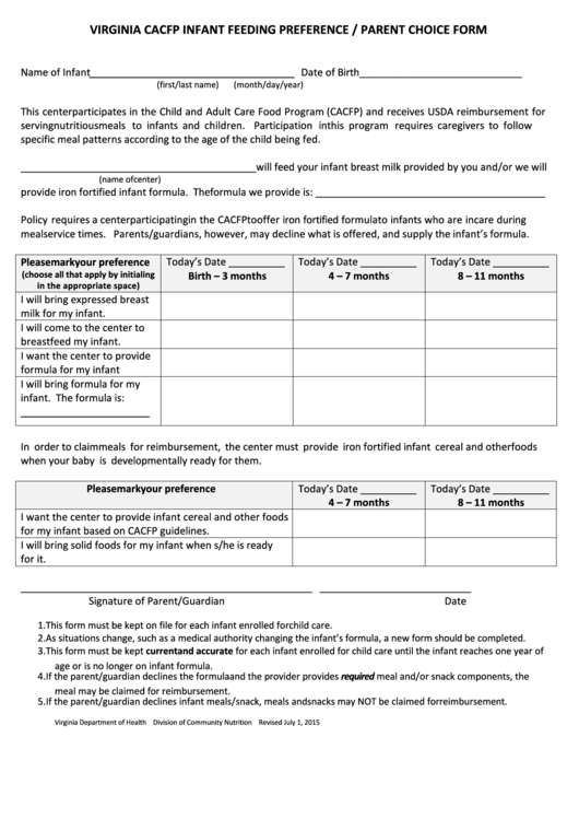 Virginia Cacfp Infant Feeding Preference / Parent Choice Form Printable pdf