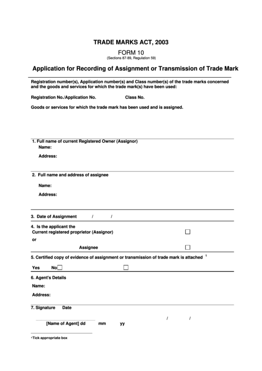 Application For Recording Of Assignment Or Transmission Of Trade Mark Printable pdf
