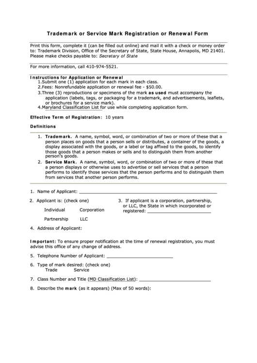 Trademark Or Service Mark Registration Or Renewal Form Printable pdf