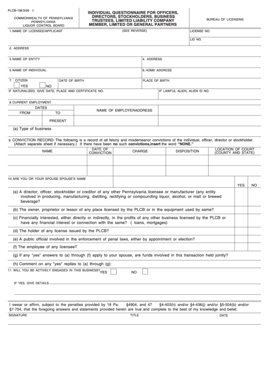 Fillable Plcb-196 - Individual Questionnaire For Officers, Directors, Stockholders, Business Trustees, Limited Liability Company Member, Limited Or General Partners Printable pdf