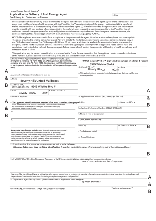 Ps Form 1583 - Beverly Hills United Mailboxes - 2004 Printable pdf