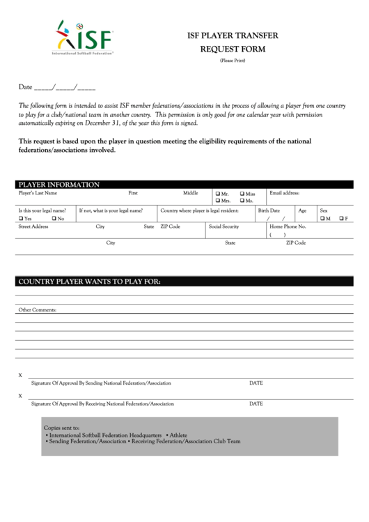 Isf Player Transfer Request Form Printable pdf