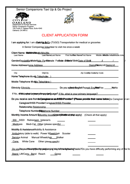 City Of Oakland Senior Companion Program Client Application Form Printable pdf