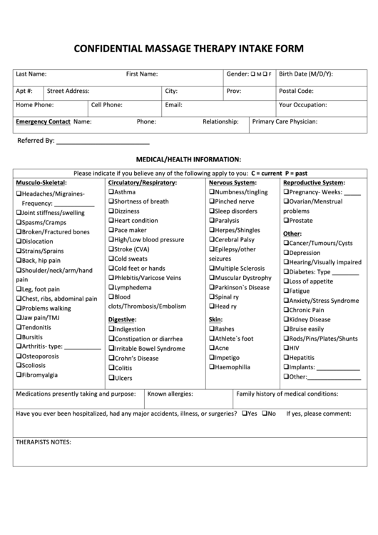 Confidential Massage Therapy Intake Form - Pure Body Health