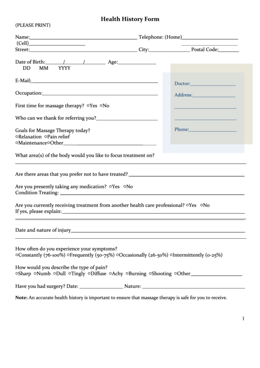 Massage Therapy Intake Form - Full Circle Health Care Printable pdf