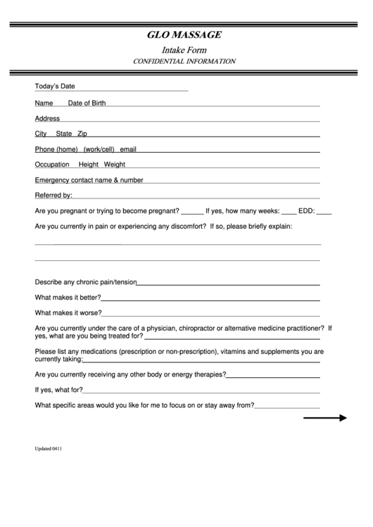 Glo Massage Intake Form Confidential Information Printable pdf
