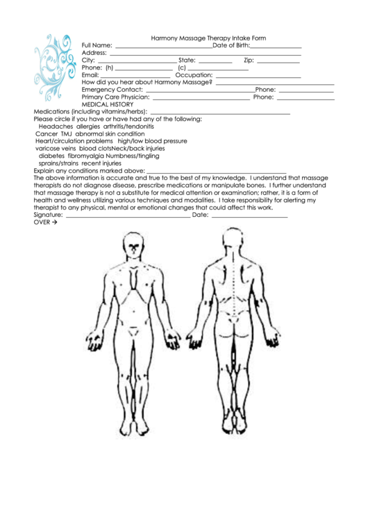 Harmony Massage Therapy Intake Form Printable pdf