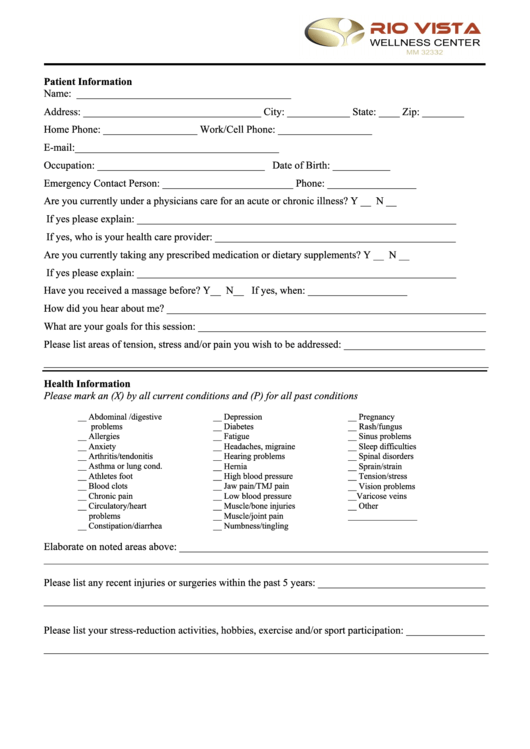 Massage Therapy Client Health Intake Form Printable pdf