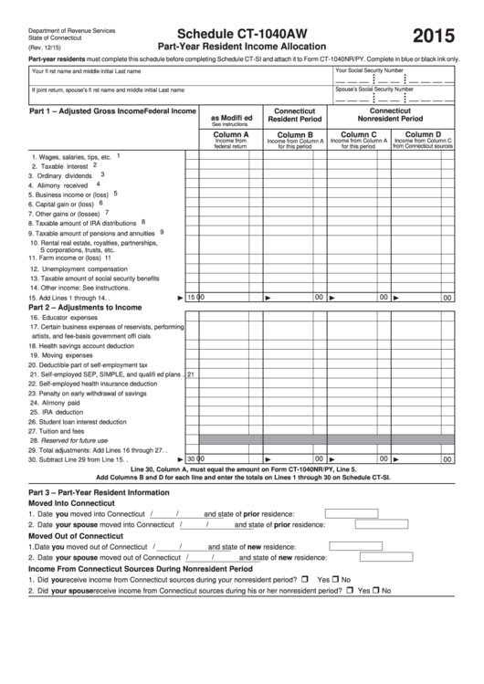 Schedule Ct-1040aw - Part-Year Resident Income Allocation - 2015 Printable pdf
