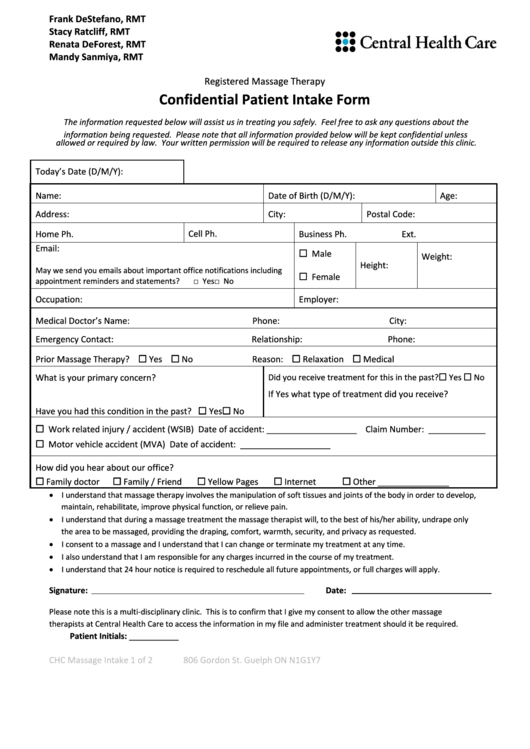 Confidential Patient Intake Form Printable pdf